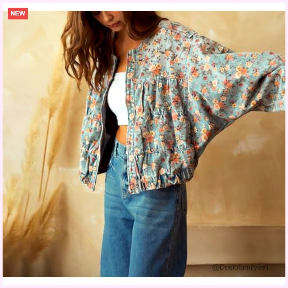 Oversized Denim Bomber Jacket Floral Print Boyfriend Fit Women's Casual - Picture 5 of 6